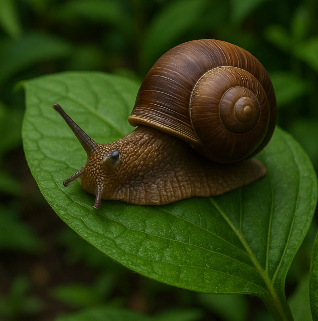 Siput cokelat dengan cangkang spiral merayap di daun tanaman hias taman, menyebabkan kerusakan daun muda