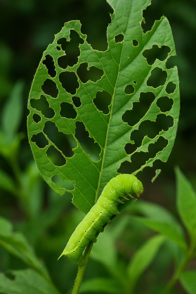 Daun tanaman outdoor berlubang parah dimakan ulat hijau, mengganggu kesehatan tanaman hias