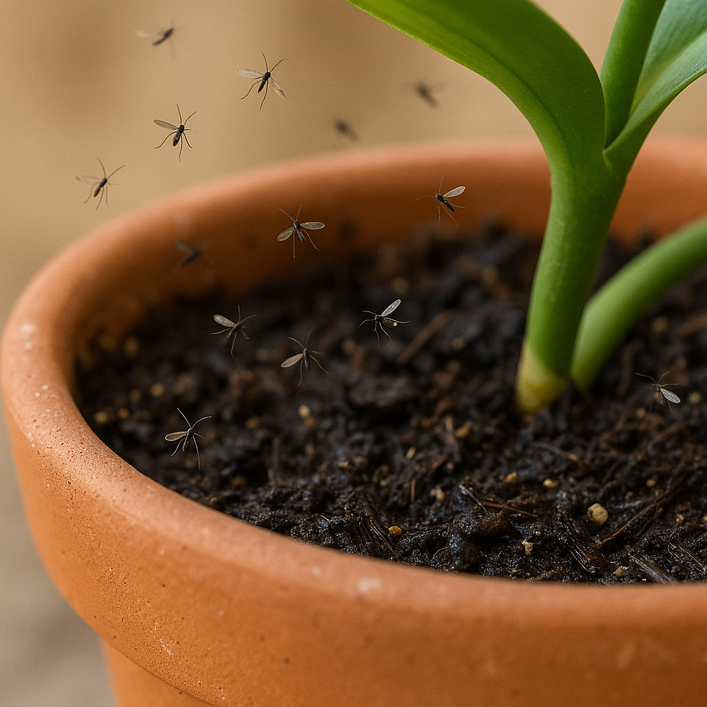 pot tanaman dengan fungus gnats (lalat jamur) beterbangan di atas media tanam lembap